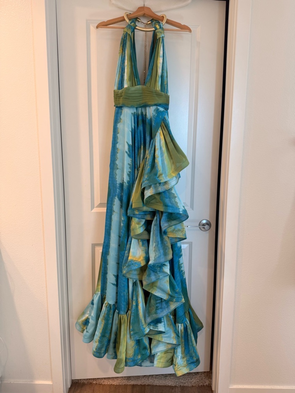 Bronx and Banco Palma Coastal Gown Teal & Lime Halter High-Low Ruffle Maxi Dress - Picture 9 of 17